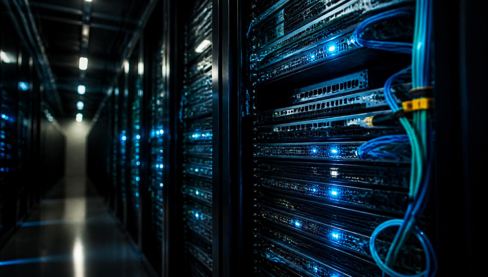 Edge computing rack with glowing indicators in a dim server aisle