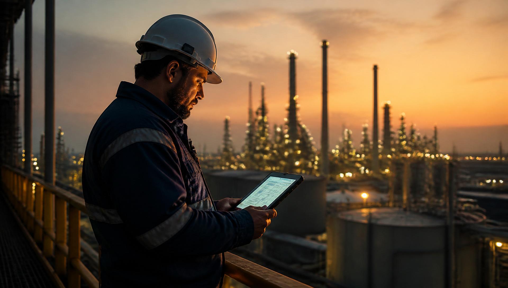 Field engineer holding a ruggedized tablet on a refinery catwalk at golden hour