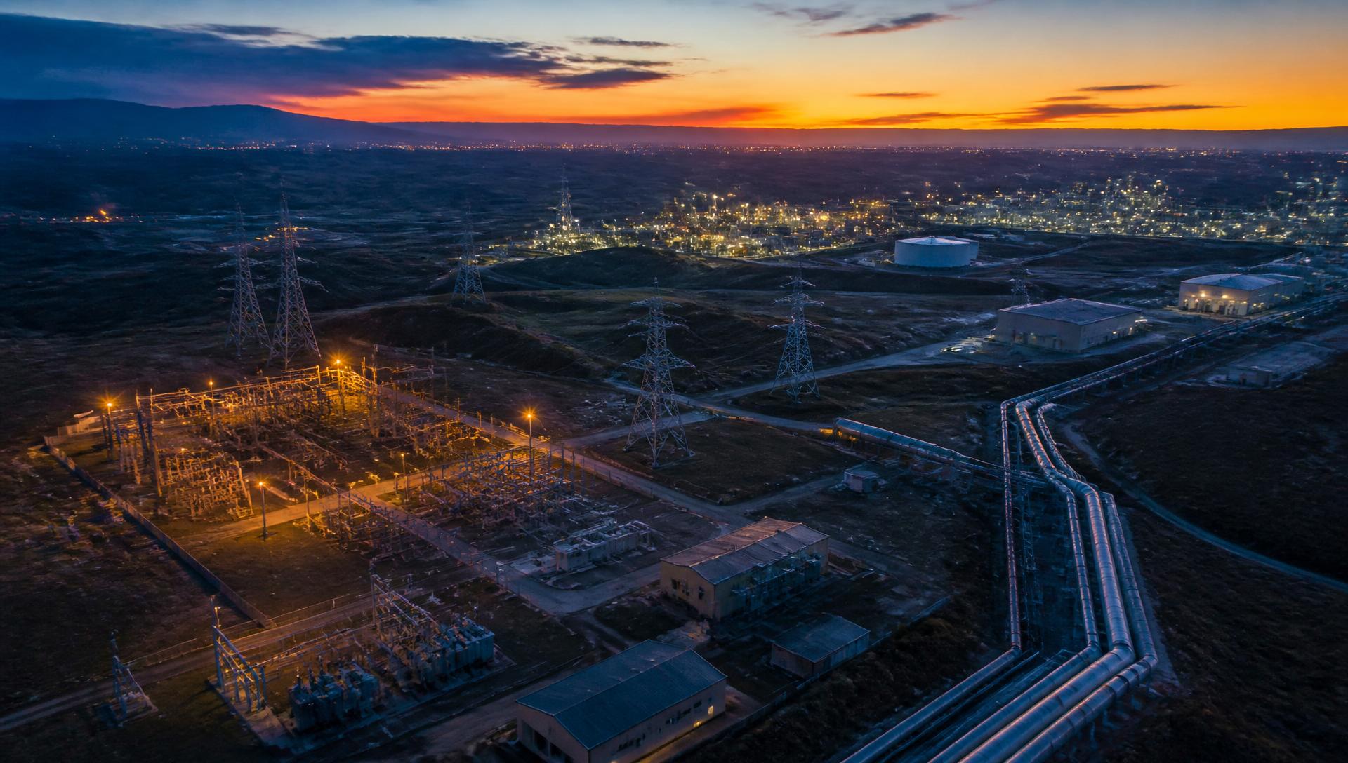 Aerial view of an industrial substation and pipeline corridor at dusk